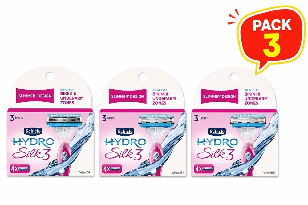 Schick Hydro Silk 3 Razor Blades Refills for Women, 4 Count Each - Pack 3 Box